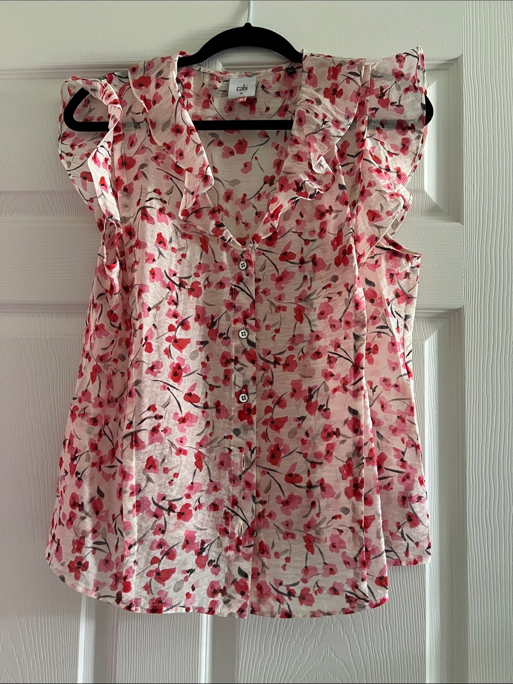 CAbi Besotted Pink and Red Floral Ruffle Button-Front Sleeveless Top